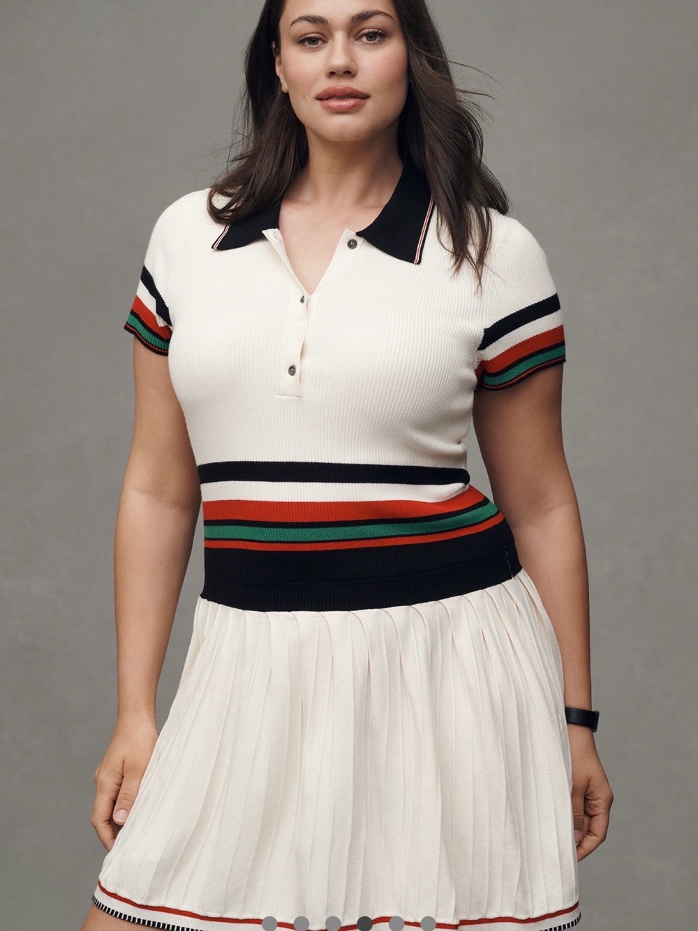 New Anthropologie Cream Polo Knit Dress with Black Collar and Multicolor Stripes